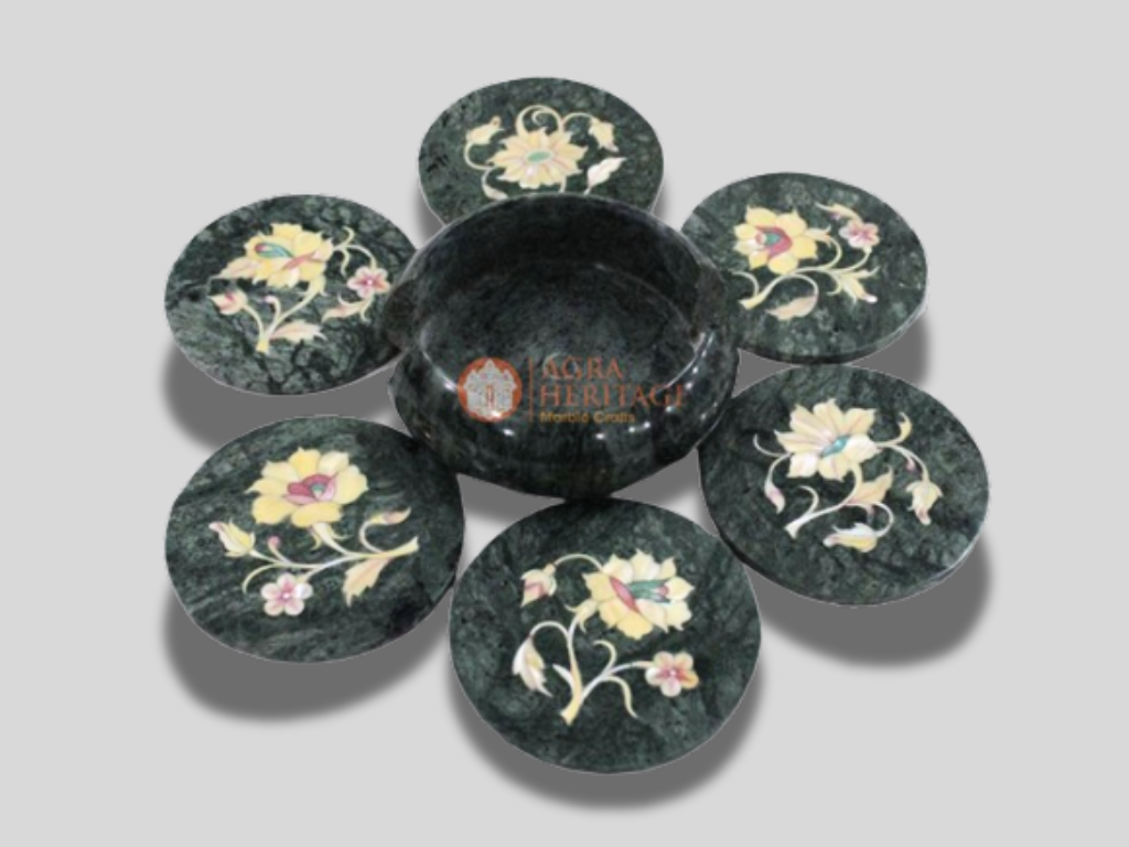 Green Round Marble Coaster Set Mother of Pearl Floral Inlay